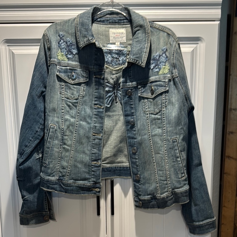 Torrid Blue Distressed Jean Jacket with Two-Tone Sleeves